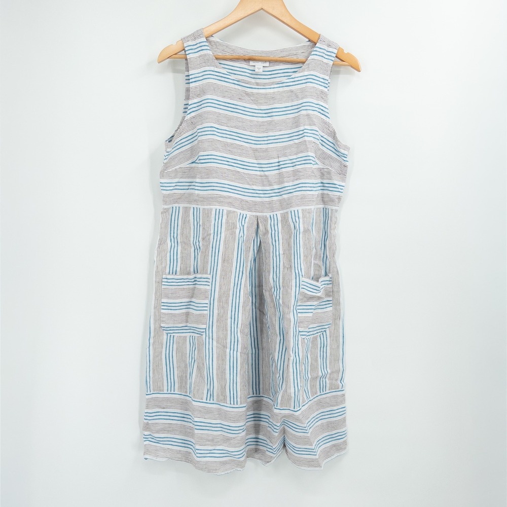 J. Jill Striped Linen Dress Womens Medium Blue Beachy Sleeveless‎ Coastal Summer